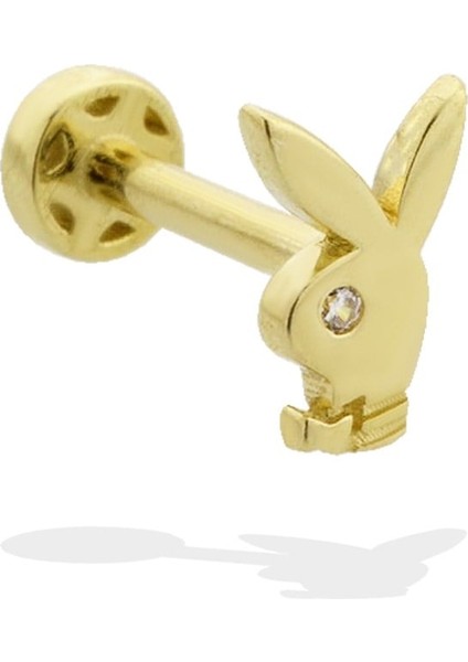 14 Ayar Altın Taşlı Playboy Tavşan Motifli Minimal Tragus Piercing