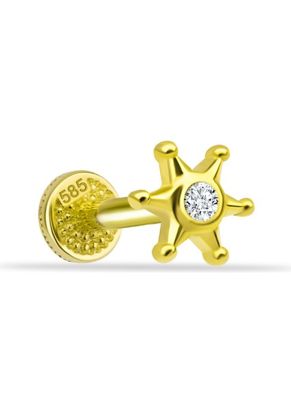 14 Ayar Altın Taşlı Dümen Motifli Minimal Tragus Piercing