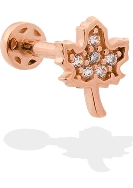 14 Ayar Altın Taşlı Yaprak Motifli Minimal Tragus Piercing