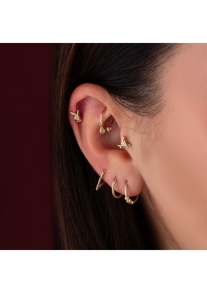14 Ayar Altın Taşlı Playboy Tavşan Motifli Minimal Tragus Piercing