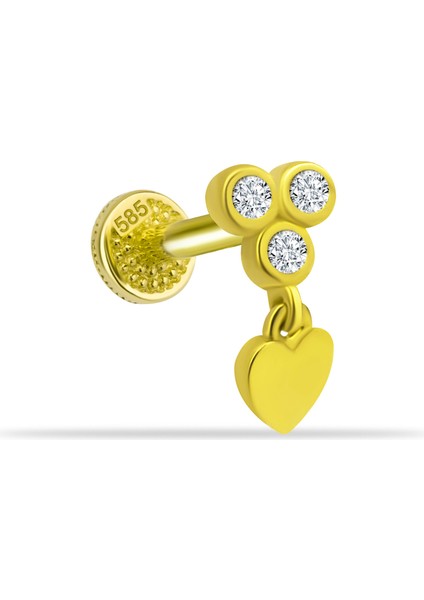 14 Ayar Altın 3 Taşlı Kalp Sallantılı Minimal Tragus Piercing
