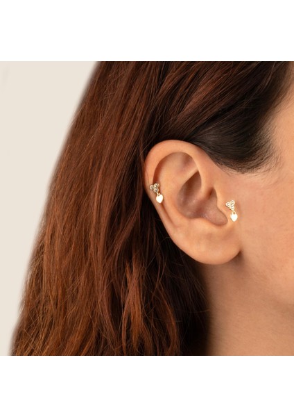 14 Ayar Altın 3 Taşlı Kalp Sallantılı Minimal Tragus Piercing