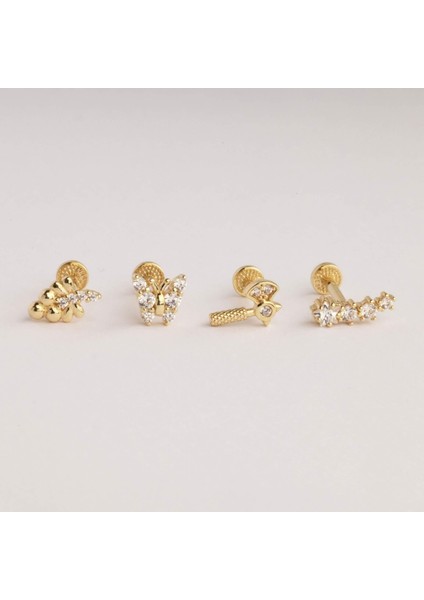 14 Ayar Altın Taşlı Kelebek Tragus Piercing