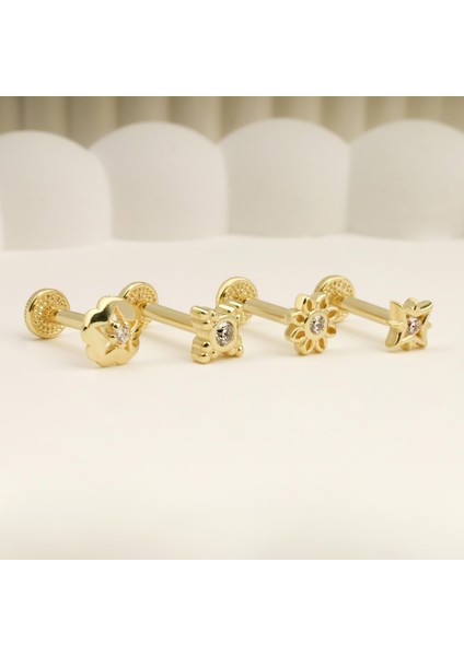 14 Ayar Altın Taşlı Çiçek ve Yıldız Motifli Minimal Tragus Piercing modelleri