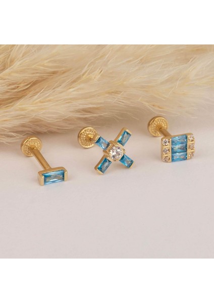 14 Ayar Altın Aqua Baget Taşlı Minimal Tragus Piercing