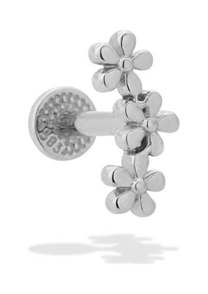14 Ayar Altın Taşlı 3 Çiçek Motifli Minimal Tragus Piercing