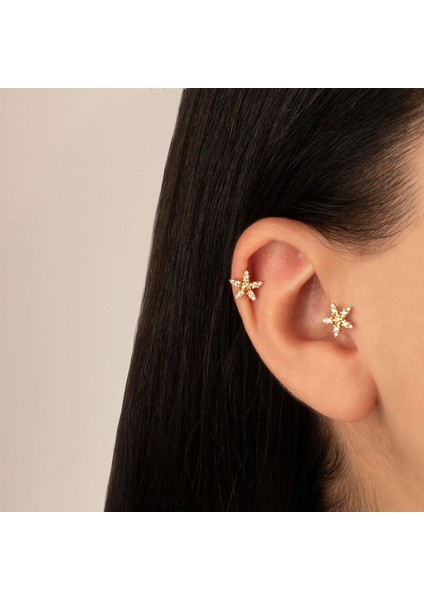 14 Ayar Altın Taşlı Yıldız ve Çiçek Motifli Minimal Tragus Piercing