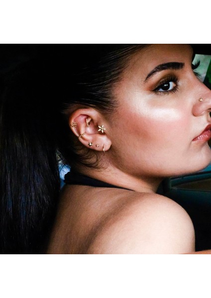 14 Ayar Altın Taşlı Yıldız ve Çiçek Motifli Minimal Tragus Piercing