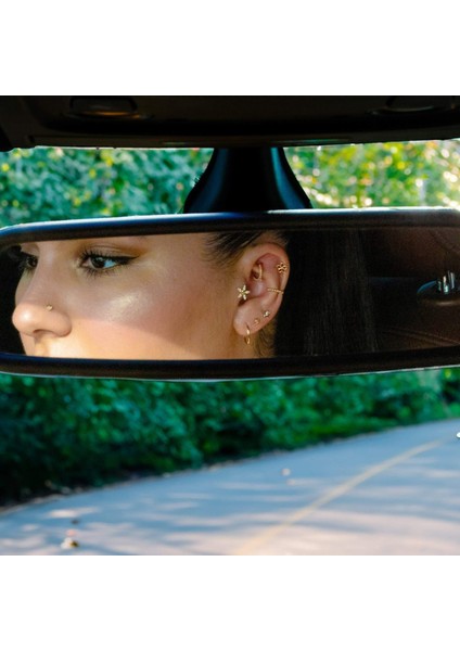 14 Ayar Altın Taşlı Yıldız ve Çiçek Motifli Minimal Tragus Piercing