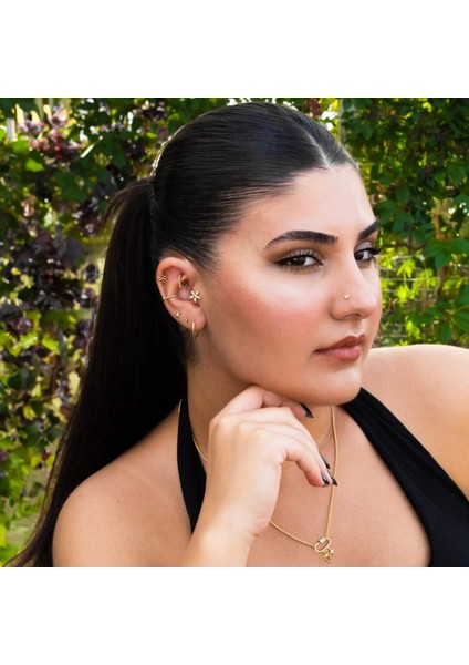 14 Ayar Altın Taşlı Yıldız ve Çiçek Motifli Minimal Tragus Piercing