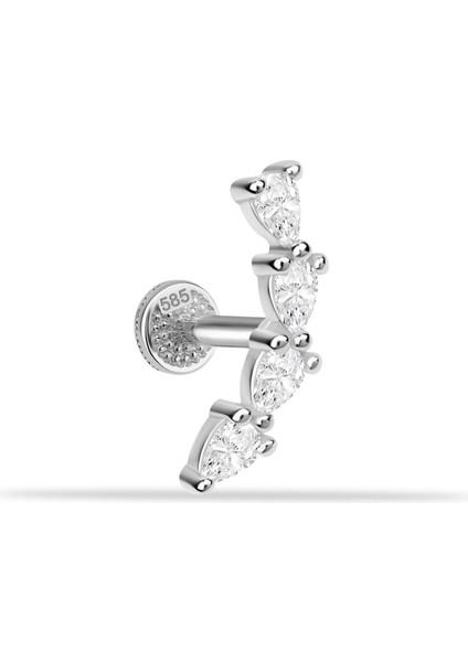 14 Ayar Altın 4 Damla Taşlı Motifli Minimal Tragus Piercing