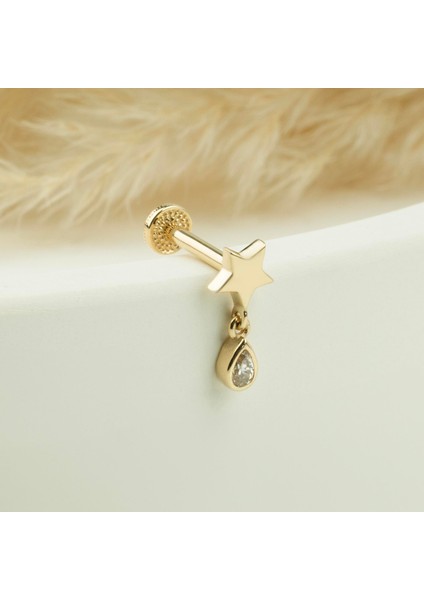 14 Ayar Altın Yıldızlı Damla Taş Sallantılı Minimal Tragus Piercing