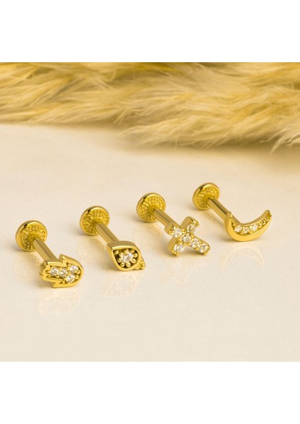 14 Ayar Altın Taşlı Fatma Ana Eli Minimal Tragus Piercing