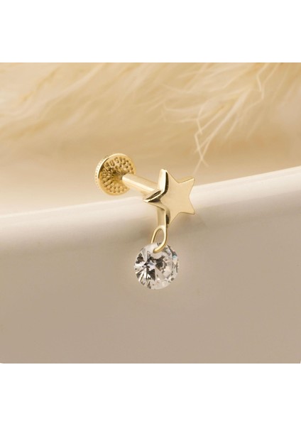 14 Ayar Altın Taş Sallantılı Yıldız Minimal Tragus Piercing modelleri