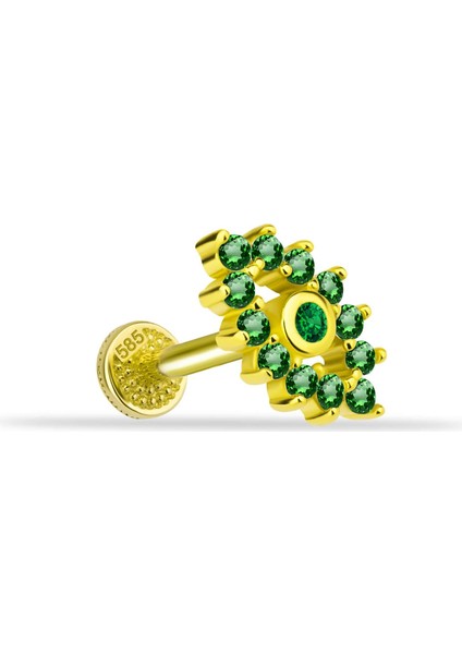 14 Ayar Altın Yeşil Taşlı Göz Minimal Tragus Piercing