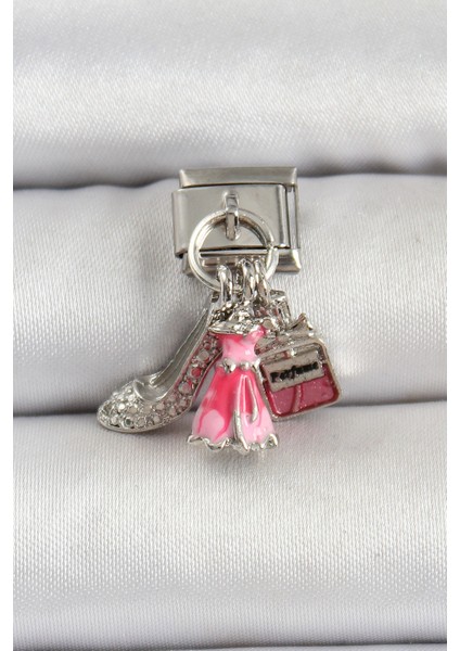 316L Çelik Gümüş Renk Pembe Elbise Kombini Model Nomination Charm - TJ-BC1502