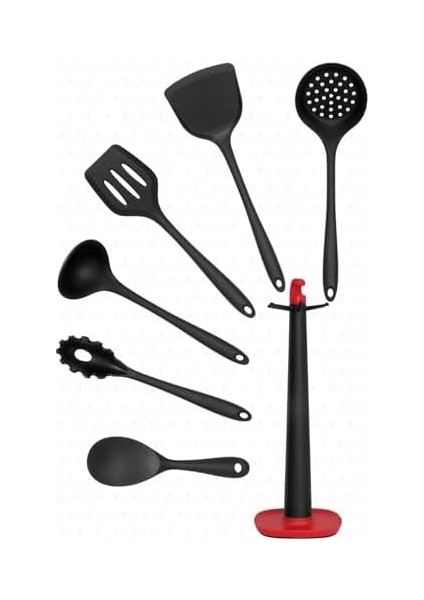 Claris Standlı Isıya Dayanıklı Yanmaz Yapışmaz Silikon Spatula Seti 7 Parça Siyah