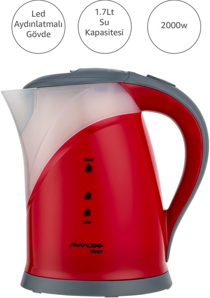 River Su Isıtıcı Kettle Gizli Rezistans 1.7 Lt Kırmızı