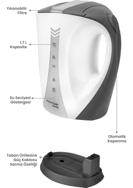 Vivity Açık Rezistanslı Su Isıtıcı Kettle Beyaz fiyatları