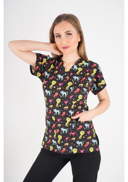 Unisex Cool Cats Club Desenli Doktor Hemşire Hastane Aşçı Mutfak Scrubs Tek Üst Üniforma