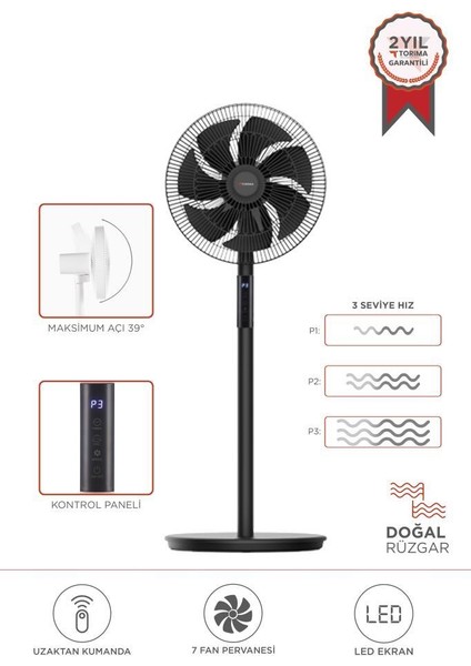 Sf-02 Siyah Ayaklı 16'' Inc 60W 3 Kademe 7 Pervaneli Kumandalı Diğital Ekranlı Vantilatör Fan