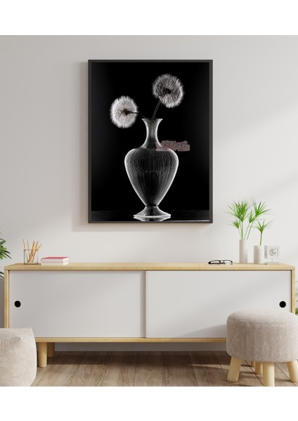 Metal Çerçeveli Gerçek Camlı Tablo Cam Vazo ve Karahindiba Çiçeği