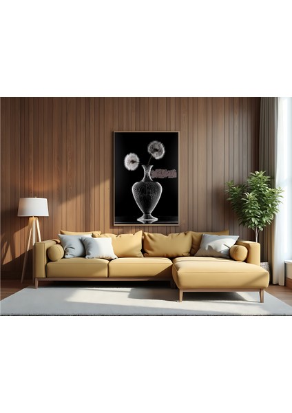 Metal Çerçeveli Gerçek Camlı Tablo Cam Vazo ve Karahindiba Çiçeği modelleri