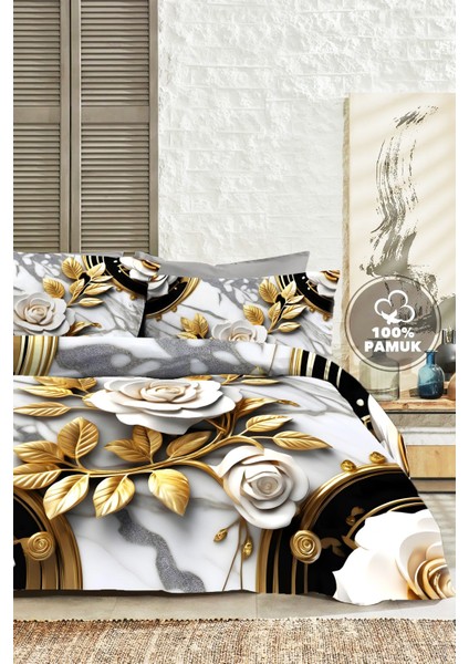 %100 Pamuk Ranforce Çeyizlik Luxury 5d Dijital Çift Kişilik Nevresim Takımı Aurum