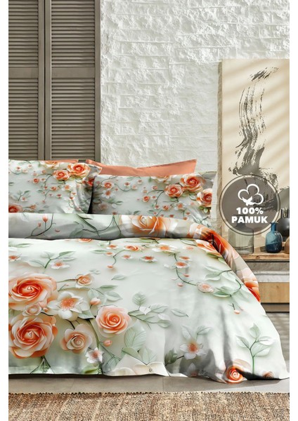 %100 Pamuk Ranforce Çeyizlik Luxury 5d Dijital Çift Kişilik Nevresim Takımı Salmon Flowers