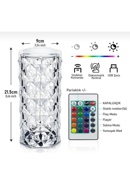 Kristal Elmas Gece Lambası LED Dokunmatik USB Şarjlı Kumandalı fırsatları