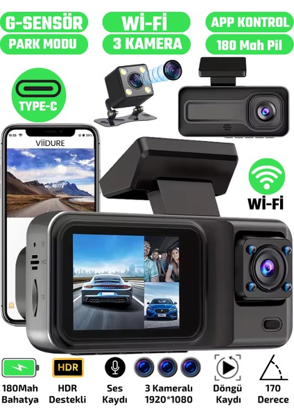 A98 Wi-Fi Full HD 3 Kameralı Araç İçi Güvenlik Kamerası 64GB – IR Gece Görüşü, Ön-Arka-İç Kayıt,DashCam