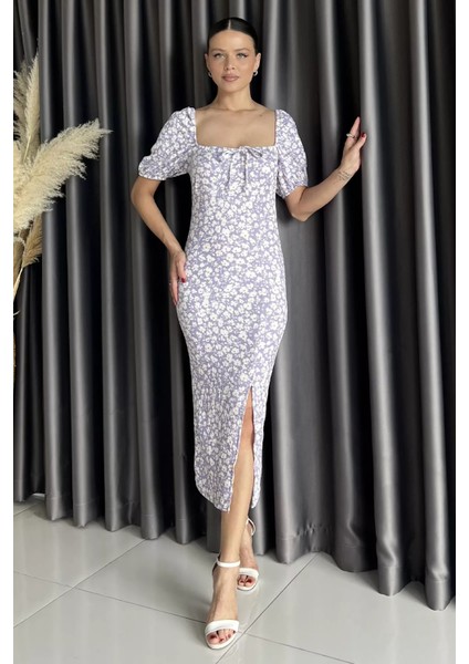 Yırtmaçlı Balon Kol Kadın Desenli Elbise P-00017683