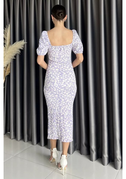 Yırtmaçlı Balon Kol Kadın Desenli Elbise P-00017683 modelleri