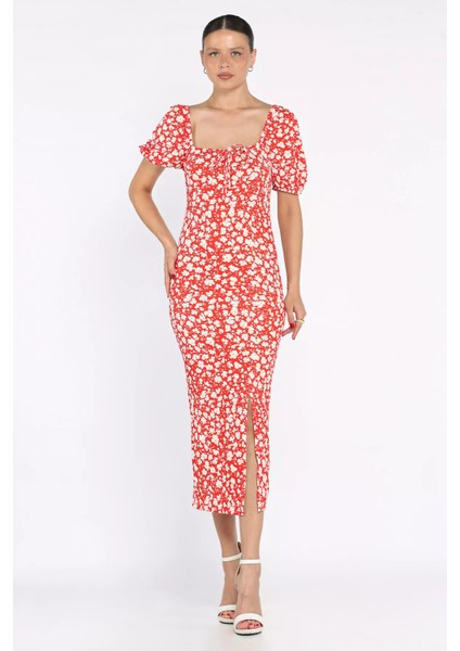 Yırtmaçlı Balon Kol Kadın Desenli Elbise P-00017683