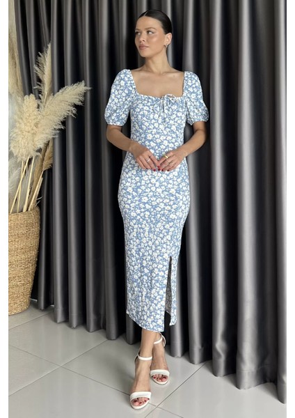 Yırtmaçlı Balon Kol Kadın Desenli Elbise P-00017683