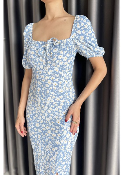 Yırtmaçlı Balon Kol Kadın Desenli Elbise P-00017683 fırsatları