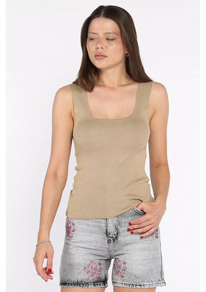 Kare Yaka Askılı Likralı Kadın Triko Bluz P-00017658