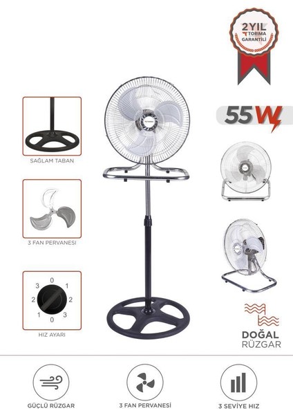 Sf-03 Gümüş Ayarlanabilir 18'' Inc Ayaklı 55W 3 Kademe 3 Pervaneli Vantilatör Fan