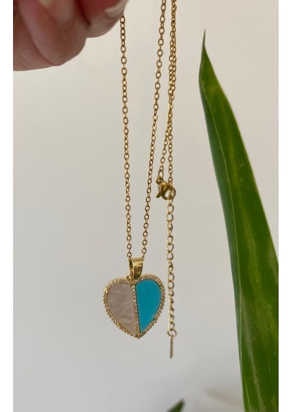 Kalp Model Beyaz Mavi Çelik Gold Kolye fiyatları