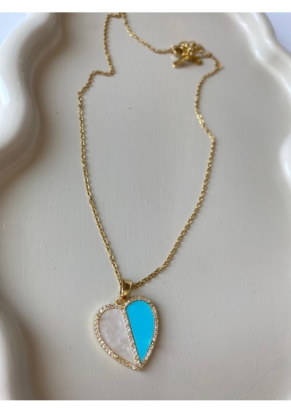 Kalp Model Beyaz Mavi Çelik Gold Kolye modelleri