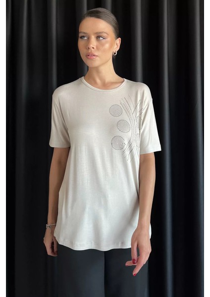 Kadın Taş Işlemeli Bisiklet Yaka Likralı Tişört P-00017649 fiyatları