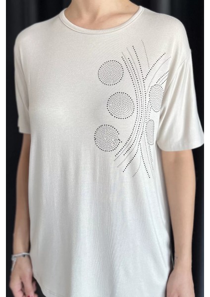 Kadın Taş Işlemeli Bisiklet Yaka Likralı Tişört P-00017649 fırsatları