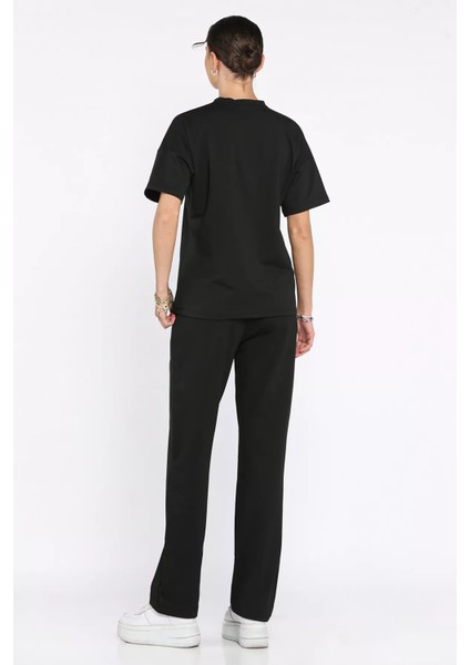 Kadın Nakış Detaylı Bisiklet Yaka Tişört Pantolon Ikili Takım P-00017613 modelleri