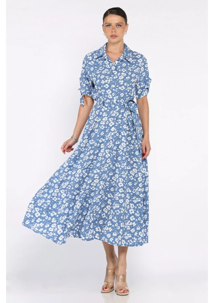 Kadın Düğmeli Çiçek Desenli Kısa Kol Elbise P-00017610