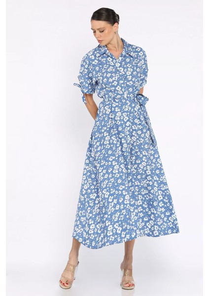 Kadın Düğmeli Çiçek Desenli Kısa Kol Elbise P-00017610 fiyatları