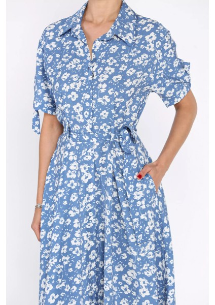 Kadın Düğmeli Çiçek Desenli Kısa Kol Elbise P-00017610 fırsatları