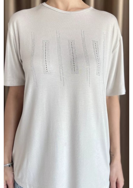 Kadın Şerit Taş Işlemeli Bisiklet Yaka Likralı Tişört P-00017648 fırsatları