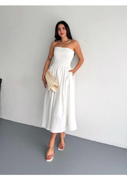 Elegant Beyaz Straplez Pileli Elbise fiyatları