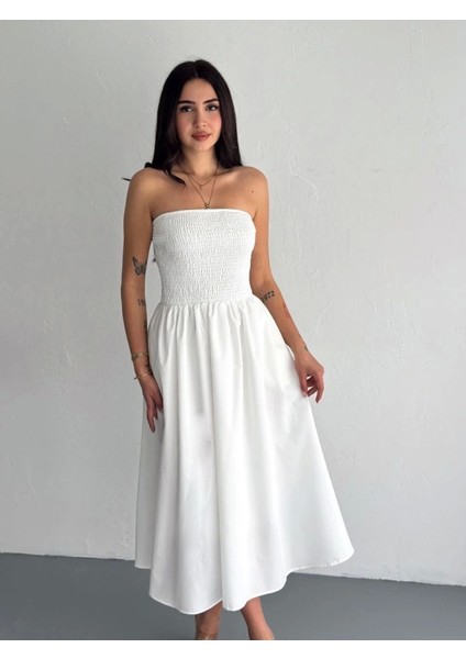 Elegant Beyaz Straplez Pileli Elbise fırsatları
