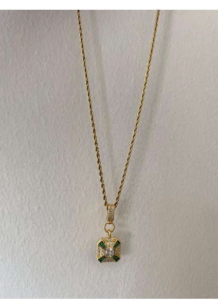 Kare Yeşil Taşlı Burgulu Çelik Gold Kolye indirimleri